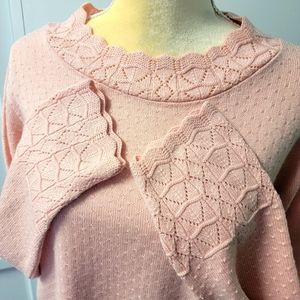 Vtg HABAND Sweater Womens 10/12 Knit Lace Collar Cuffs Dusty Pink Granny…